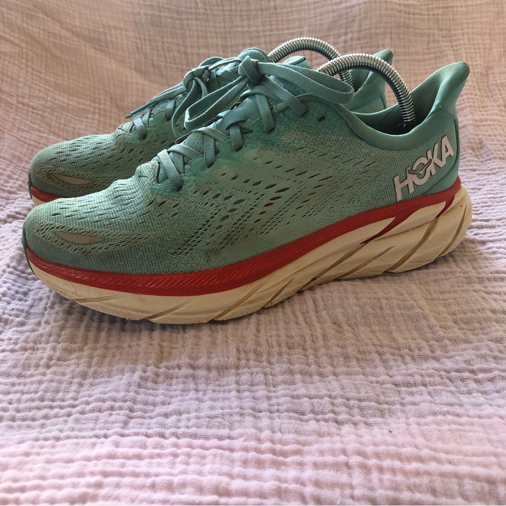 HOKA Clifton 8 Blue and Red Running Walking Shoe Sneakers